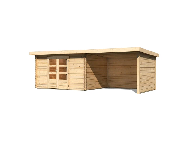 Karibu Gartenhaus Bastrup 7 mit Anbaudach 3 Meter, Rück- und Seitenwand
