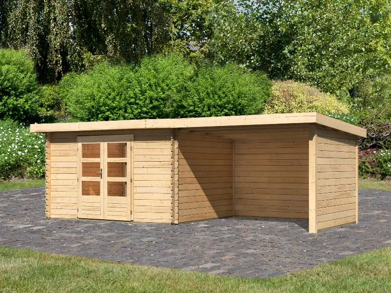 Karibu Gartenhaus Bastrup 7 mit Anbaudach 3 Meter, Rück- und Seitenwand