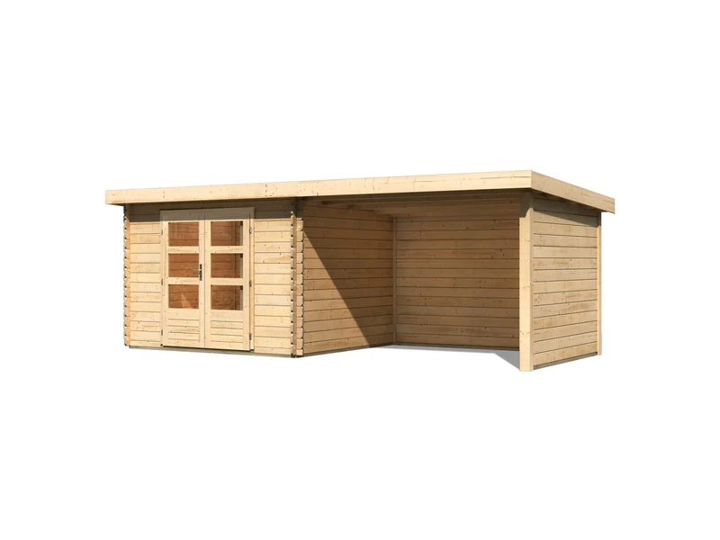 Karibu Gartenhaus Bastrup 5 mit Anbaudach 3 Meter sowie Seiten- und Rückwand