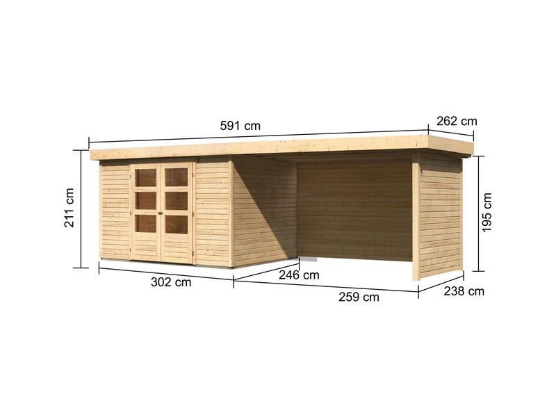 Karibu Gartenhaus Askola 5 mit Anbaudach 2,75 Meter, Seiten- und Rückwand