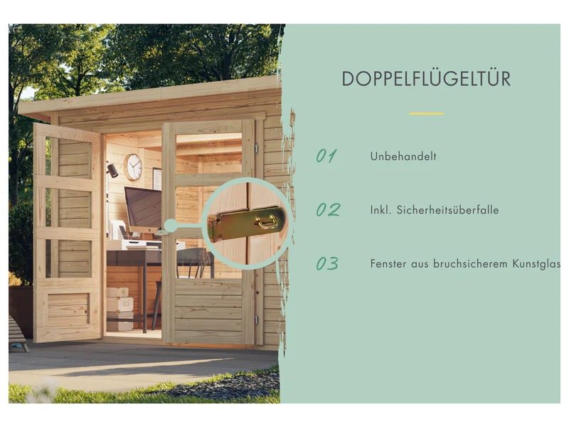 Karibu Gartenhaus Askola 5 mit Anbaudach 2,75 Meter, Seiten- und Rückwand