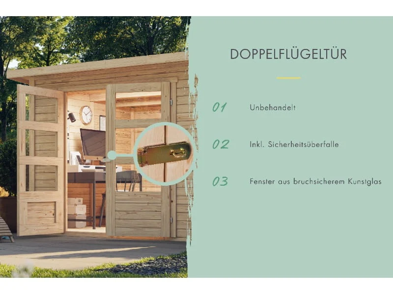 Karibu Gartenhaus Askola 5 mit Anbaudach 2,75 Meter, Seiten- und Rückwand
