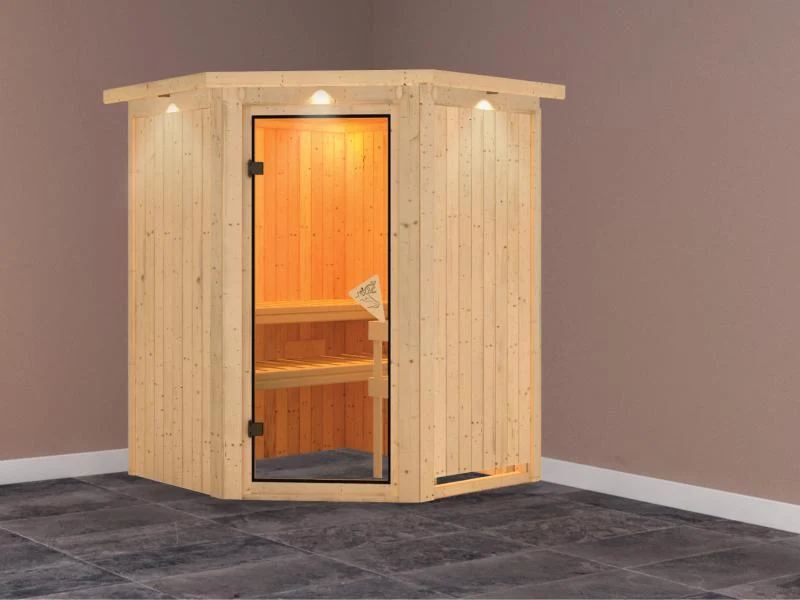 Nanja - Karibu Sauna Plug & Play ohne Ofen - mit Dachkranz -