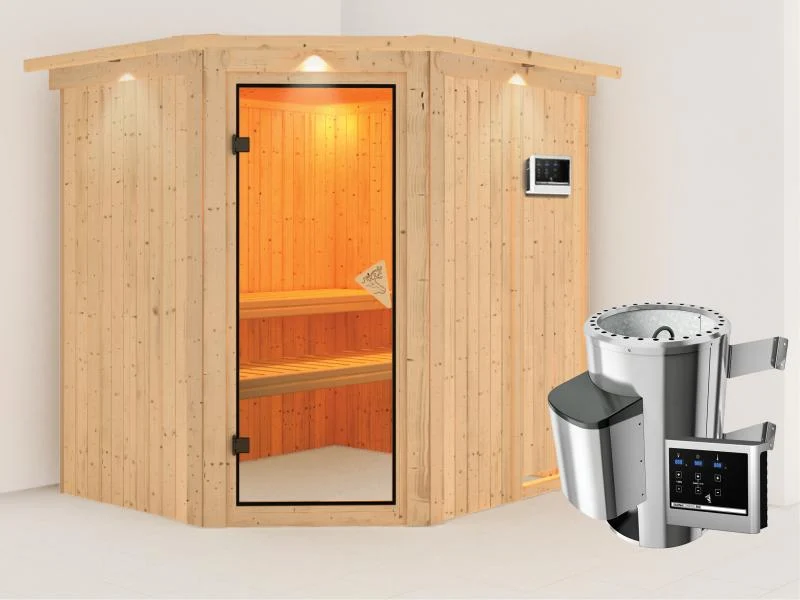 Lilja - Karibu Sauna Plug & Play inkl. 3,6 kW-Ofen - mit Dachkranz -