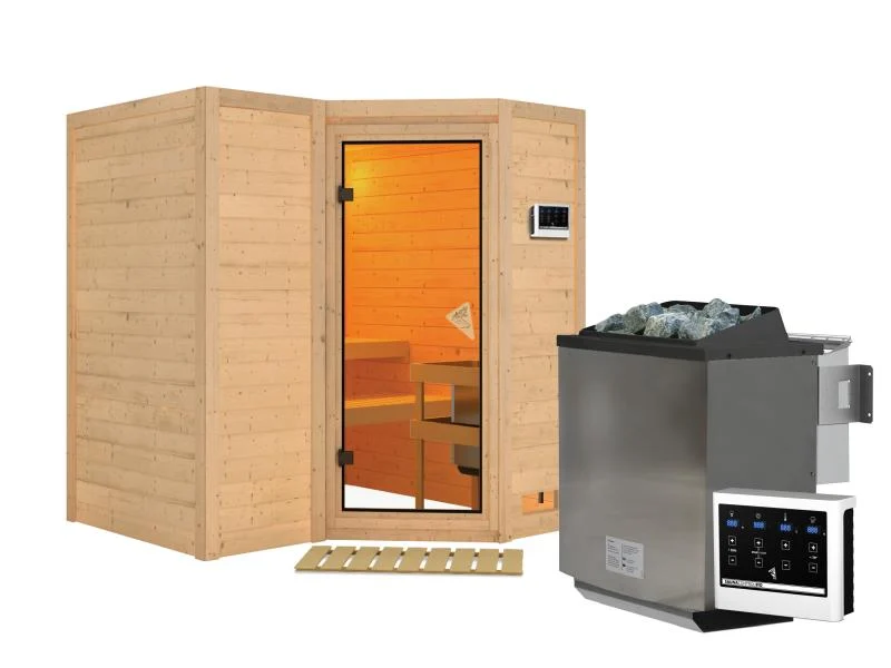 Karibu Sauna Sahib 1, inkl. 9 kW Bioofen ext. Steuerung, mit klassischer Tür -ohne Dachkranz-