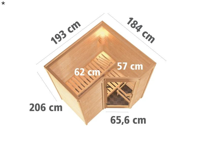 Karibu Sauna Sahib 1 inkl. 9 kW Ofen ext. Steuerung, mit klassischer Saunatür -ohne Dachkranz-