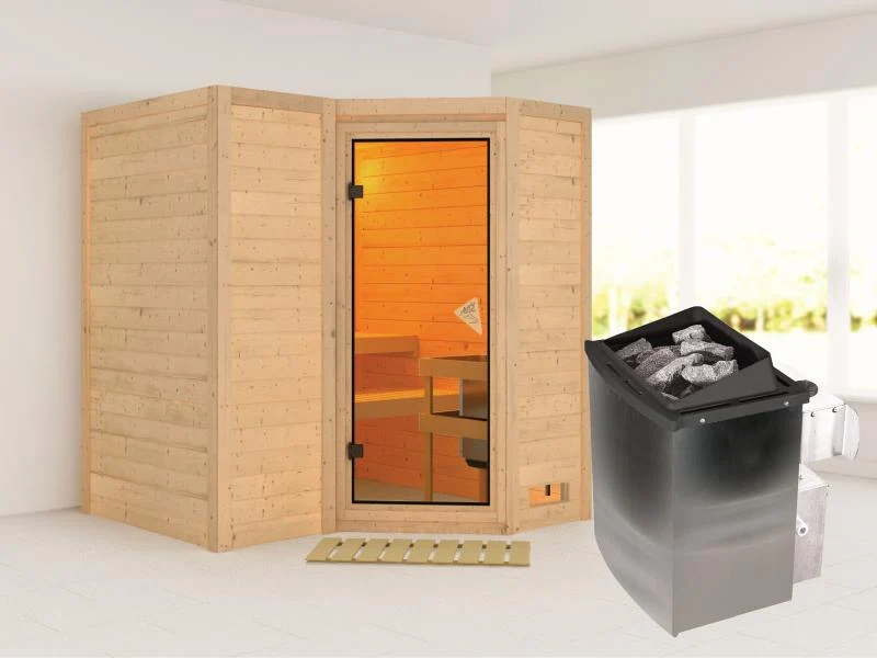 Karibu Sauna Sahib 1 inkl. 9 kW Ofen integr. Steuerung, mit klassischer Saunatür -ohne Dachkranz-