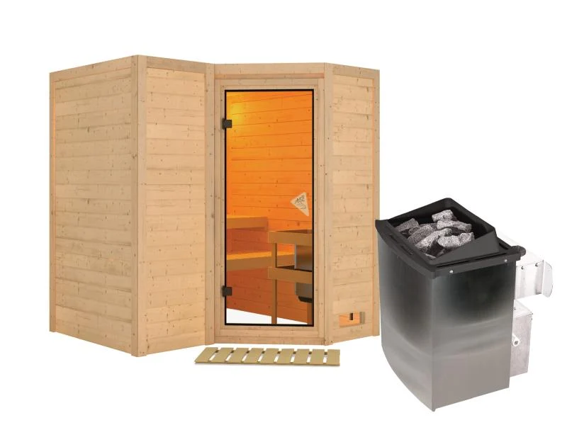 Karibu Sauna Sahib 1 inkl. 9 kW Ofen integr. Steuerung, mit klassischer Saunatür -ohne Dachkranz-