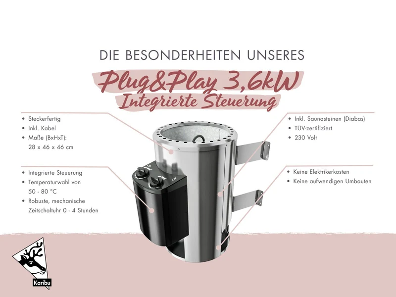 Karibu Saunaofen Plug & Play 3,6 kW integrierte Steuerung steckerfertig