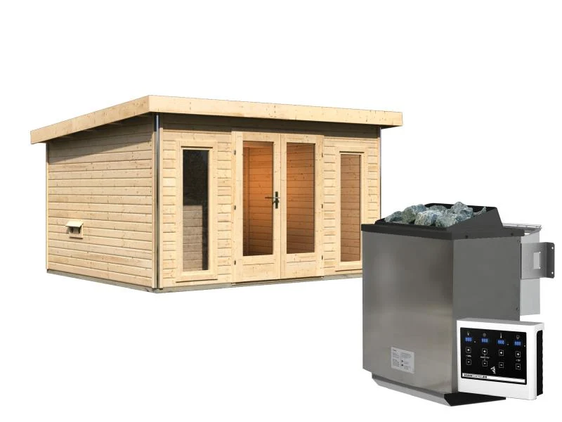Karibu Saunahaus Mainburg 2 Set B naturbelassen -9 kW Bioofen ext. Steuerung-