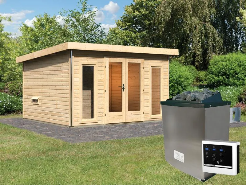 Karibu Saunahaus Mainburg 2 Set B naturbelassen -9 kW Ofen ext. Steuerung-