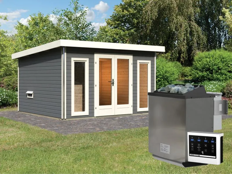 Karibu Saunahaus Mainburg 2 Set A terragrau -9 kW Bioofen ext. Steuerung