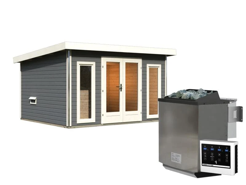 Karibu Saunahaus Mainburg 2 Set A terragrau -9 kW Bioofen ext. Steuerung