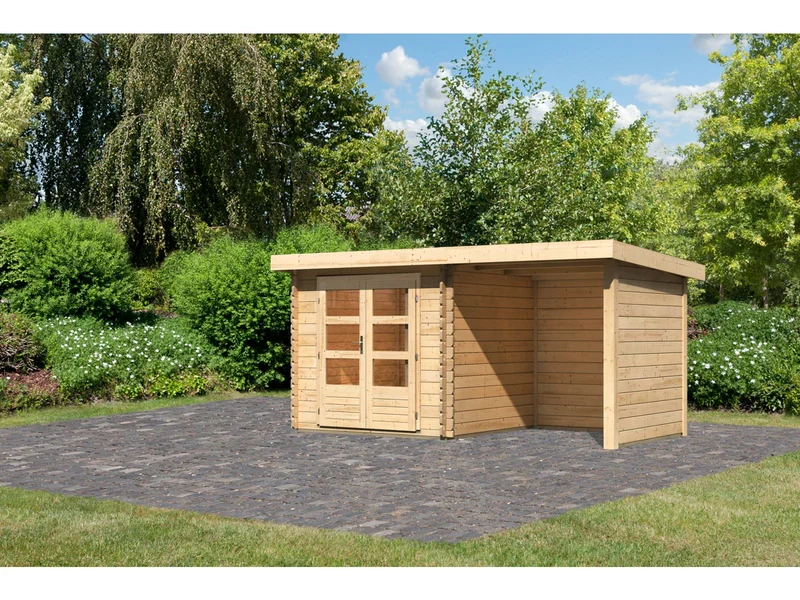 Karibu Gartenhaus Bastrup 2 mit Anbaudach 2 Meter, Seiten- und Rückwand