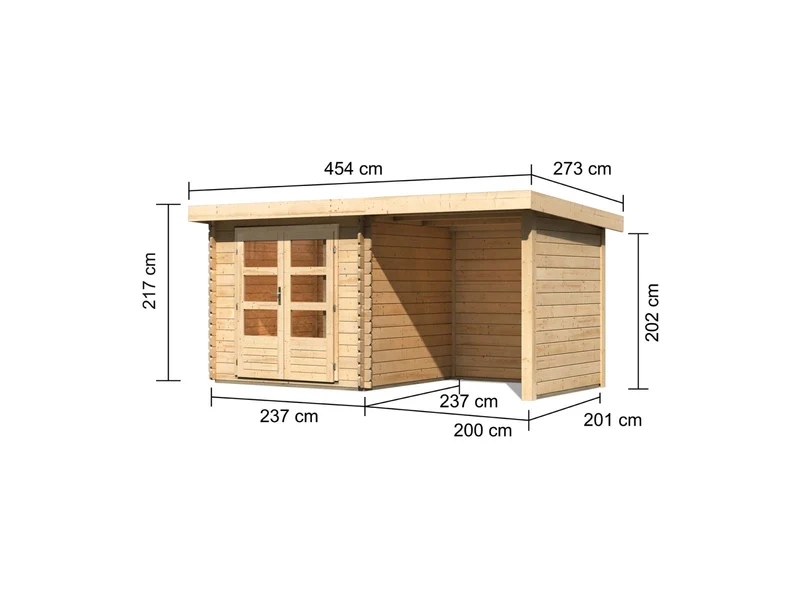 Karibu Gartenhaus Bastrup 2 mit Anbaudach 2 Meter, Seiten- und Rückwand