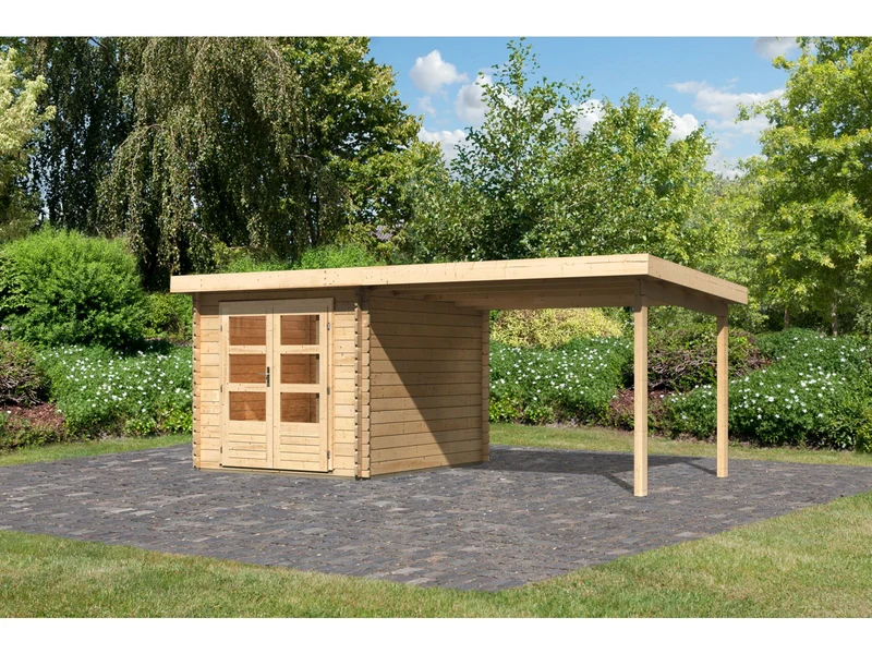 Karibu Gartenhaus Bastrup 4 mit Anbaudach 3 Meter natur