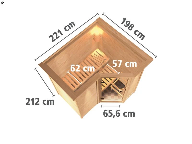 Karibu Sauna Sahib 1 inkl. 9 kW Bioofen ext. Steuerung, mit klassischer Saunatür -mit Dachkranz-