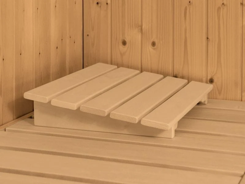 Karibu Sauna Sahib 1 inkl. 9 kW Bioofen ext. Steuerung, mit klassischer Saunatür -mit Dachkranz-