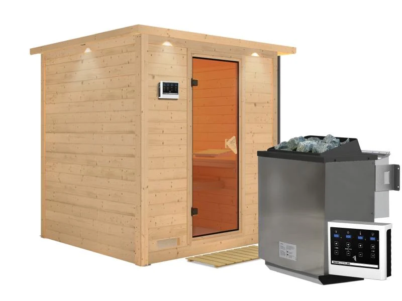 Mojave - Karibu Sauna inkl. 9-kW-Bioofen - mit Dachkranz -