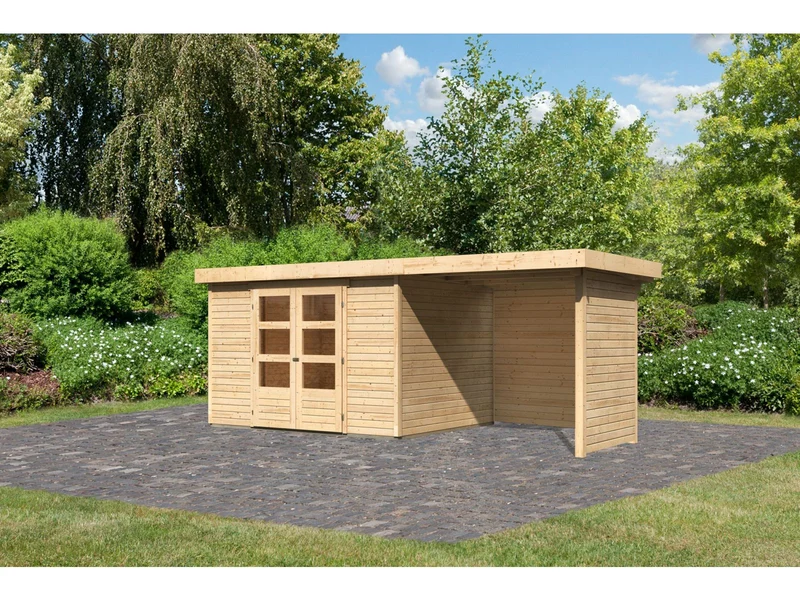 Karibu Gartenhaus Askola 5 mit Anbaudach 2,4 Meter, Seiten- und Rückwand