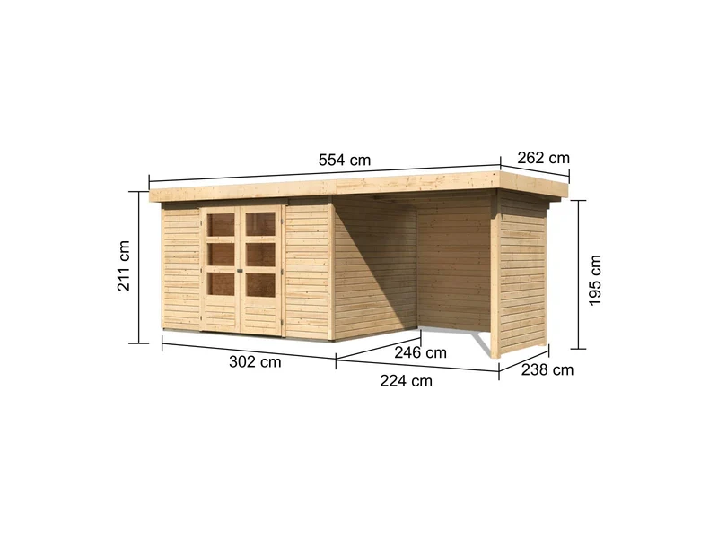 Karibu Gartenhaus Askola 5 mit Anbaudach 2,4 Meter, Seiten- und Rückwand