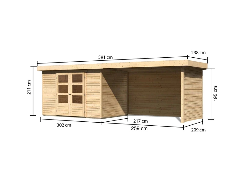 Karibu Gartenhaus Askola 4 mit Anbaudach 2,75 Meter, Seiten- und Rückwand