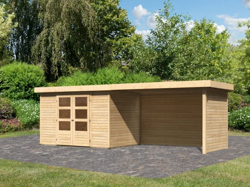 Karibu Gartenhaus Askola 4 mit Anbaudach 2,75 Meter, Seiten- und Rückwand