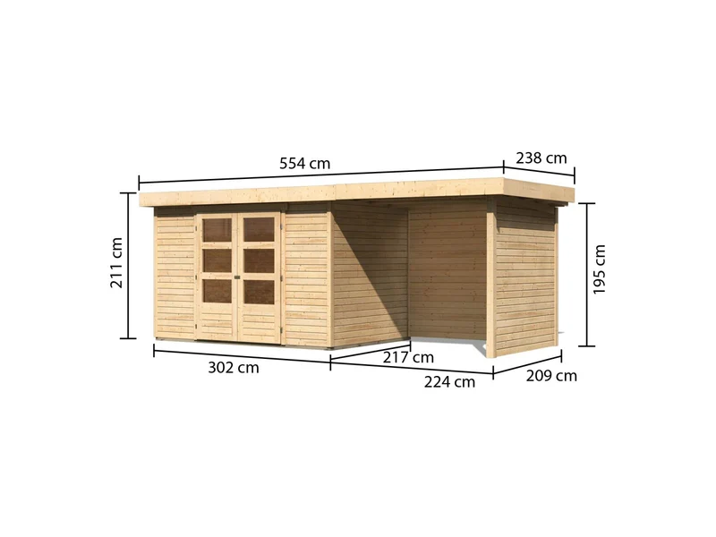 Karibu Gartenhaus Askola 4 mit Anbaudach 2,25 Meter, Seiten- und Rückwand