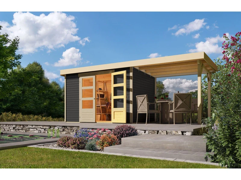 Karibu Gartenhaus Askola 4 in terragrau mit Anbaudach 2,40 Meter