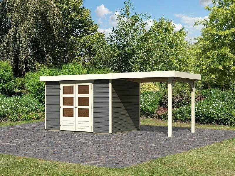 Karibu Gartenhaus Askola 4 in terragrau mit Anbaudach 2,40 Meter
