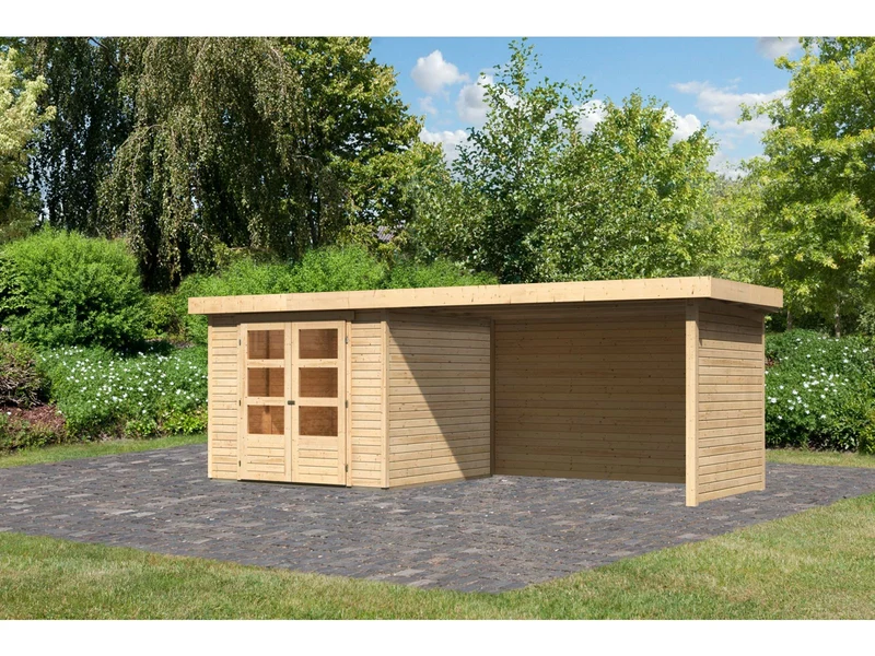 Karibu Gartenhaus Askola 3,5 mit Anbaudach 2,75 Meter, Seiten- und Rückwand