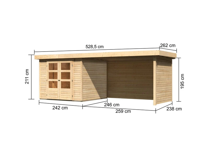 Karibu Gartenhaus Askola 3,5 mit Anbaudach 2,75 Meter, Seiten- und Rückwand