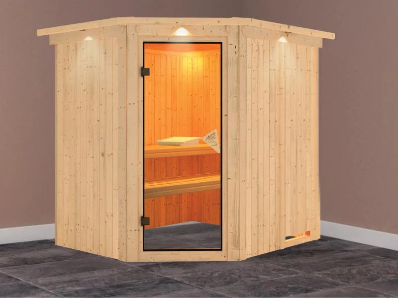 Lilja - Karibu Sauna Plug & Play ohne Ofen - mit Dachkranz -