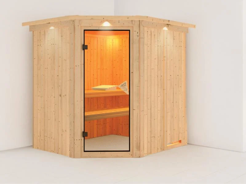 Lilja - Karibu Sauna Plug & Play ohne Ofen - mit Dachkranz -