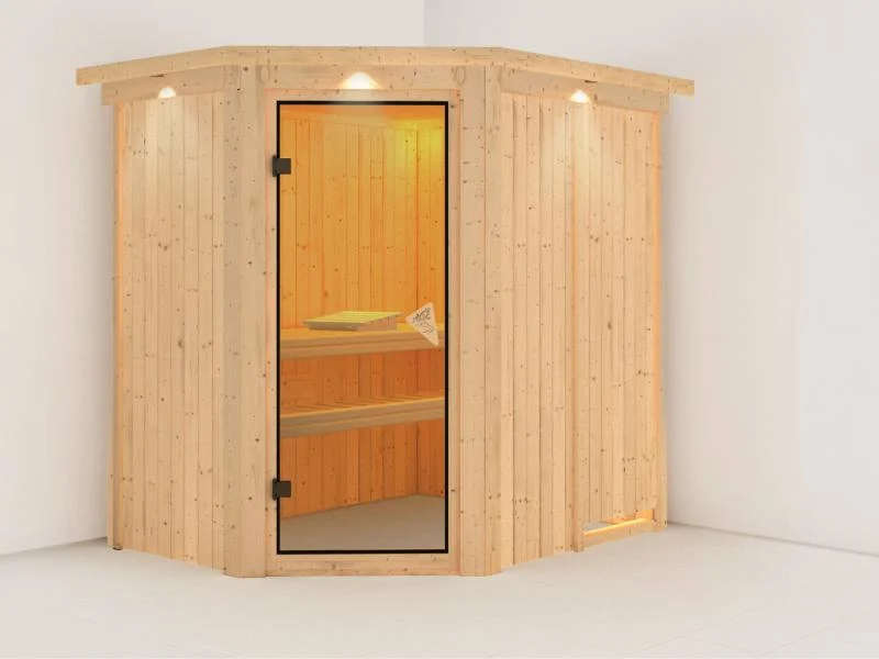 Saja - Karibu Sauna Plug & Play ohne Ofen - mit Dachkranz -