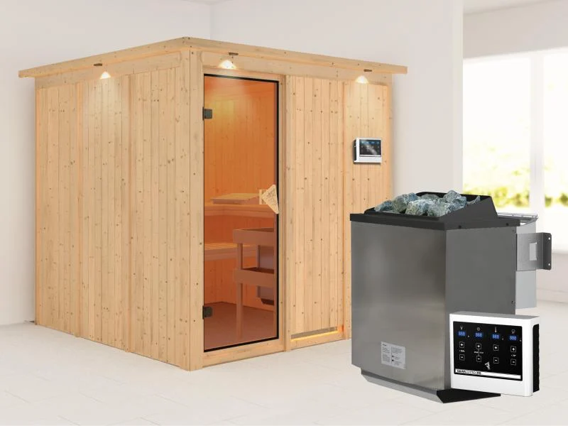 Rodin - Karibu Sauna inkl. 9-kW-Bioofen - mit Dachkranz -