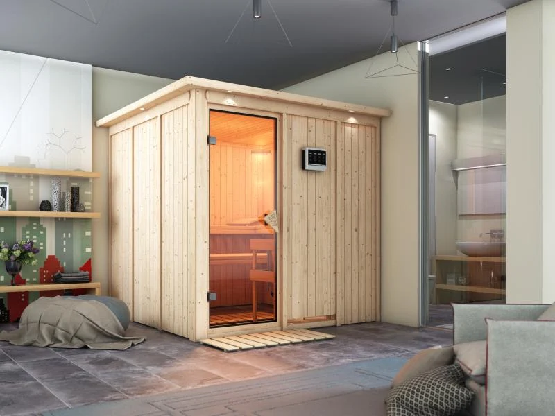 Rodin - Karibu Sauna inkl. 9-kW-Bioofen - mit Dachkranz -