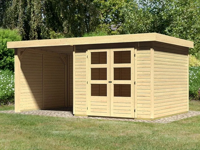Karibu Gartenhaus Askola 3,5 mit Anbaudach 2,25 Meter, Seiten- und Rückwand