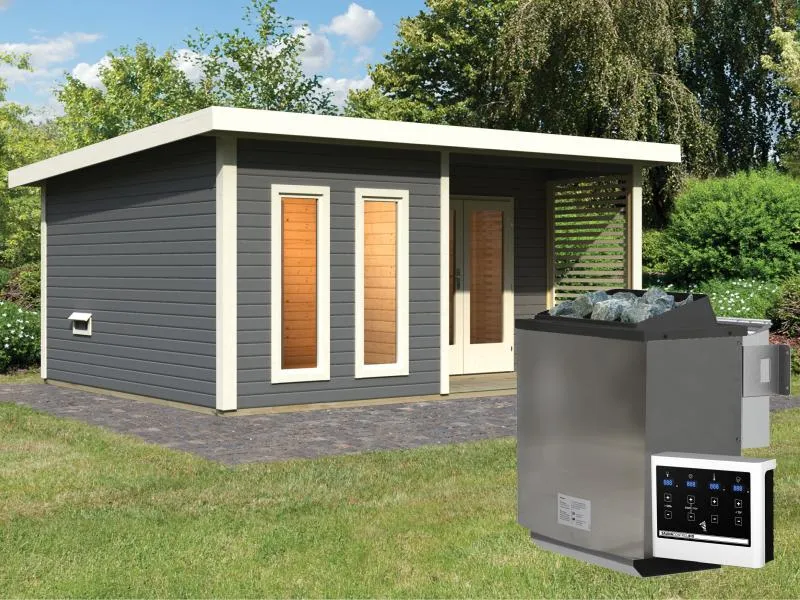 Karibu Saunahaus Mainburg 5 Set B terragrau- 9 kW Bioofen ext. Strg
