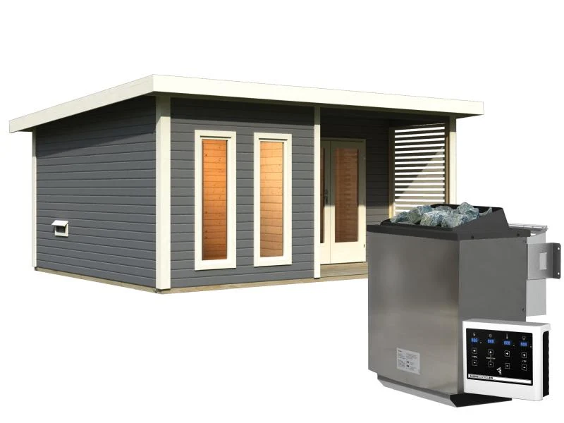 Karibu Saunahaus Mainburg 5 Set B terragrau- 9 kW Bioofen ext. Strg