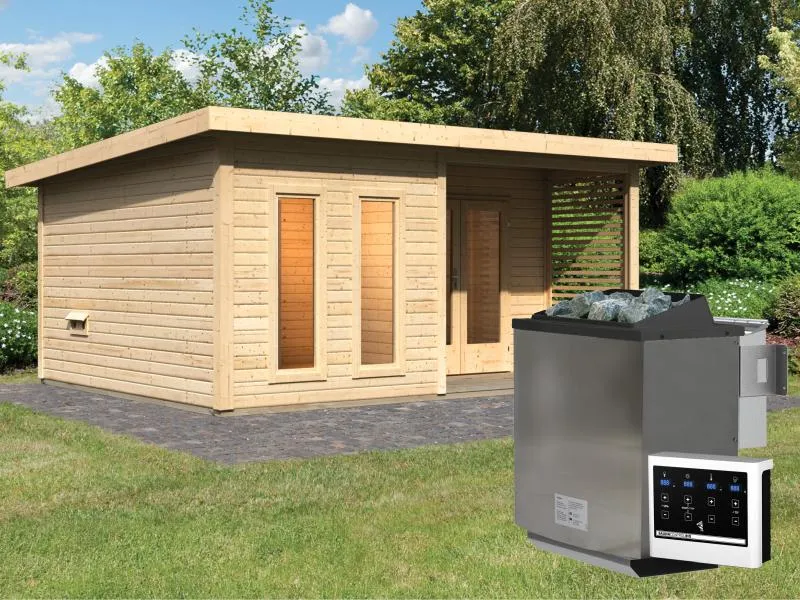 Karibu Saunahaus Mainburg 5 Set B naturbelassen- 9 kW Bioofen ext. Strg