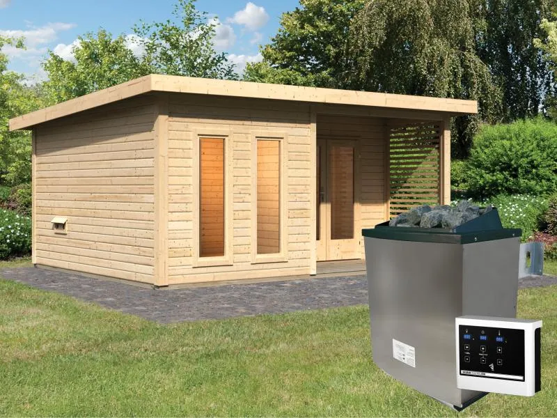 Karibu Saunahaus Mainburg 5 Set B naturbelassen- 9 kW Ofen ext. Strg