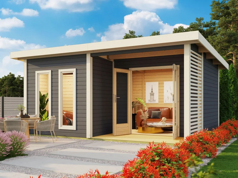 Karibu Saunahaus Mainburg 5 Set A terragrau- 9 kW Ofen ext. Strg