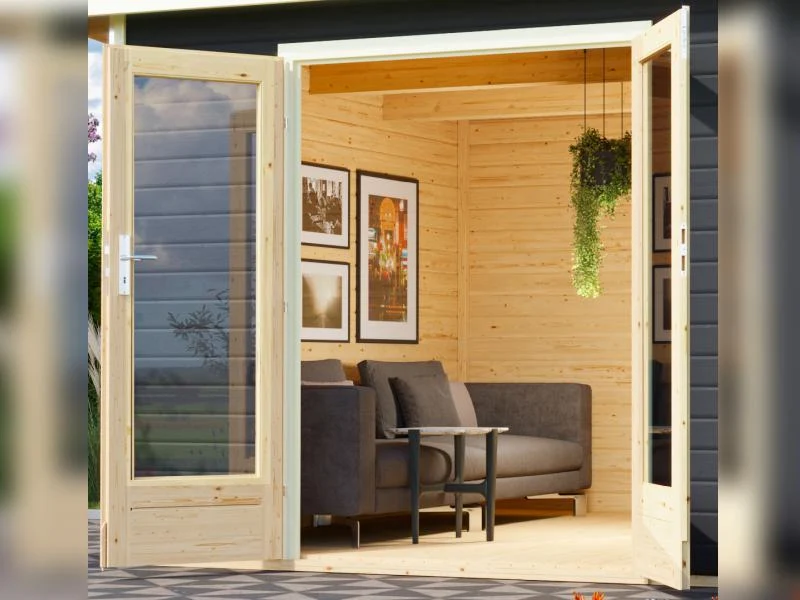 Karibu Saunahaus Mainburg 5 Set A terragrau- 9 kW Ofen ext. Strg