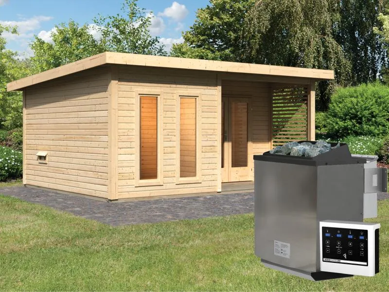 Karibu Saunahaus Mainburg 5 Set A naturbelassen- 9 kW Bioofen ext. Strg
