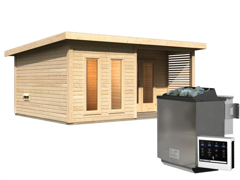 Karibu Saunahaus Mainburg 5 Set A naturbelassen- 9 kW Bioofen ext. Strg