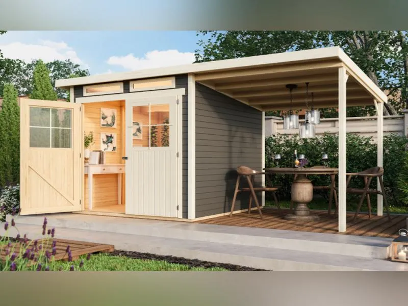 Karibu Gartenhaus Glücksburg 3 terragrau Sparset mit Schleppdach 19 mm