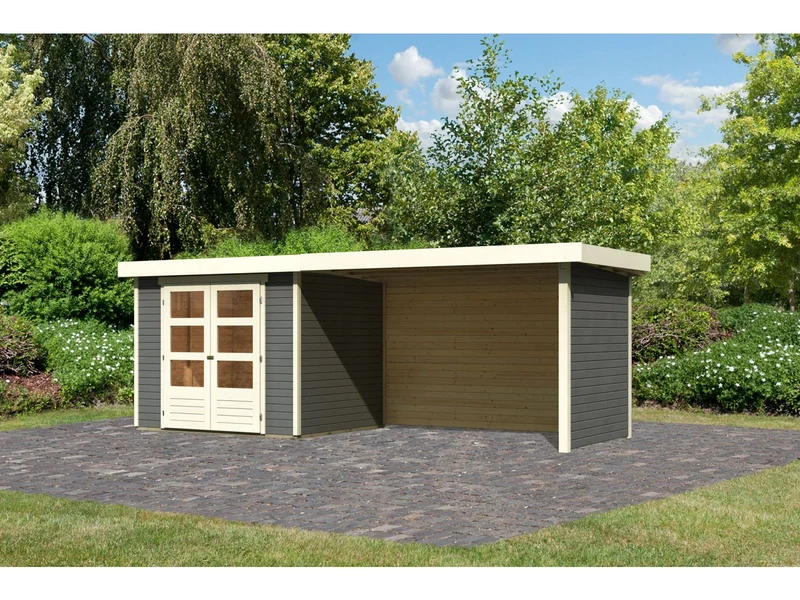 Karibu Gartenhaus Askola 3 in terragrau mit Anbaudach 2,80 Meter, Seiten- und Rückwand