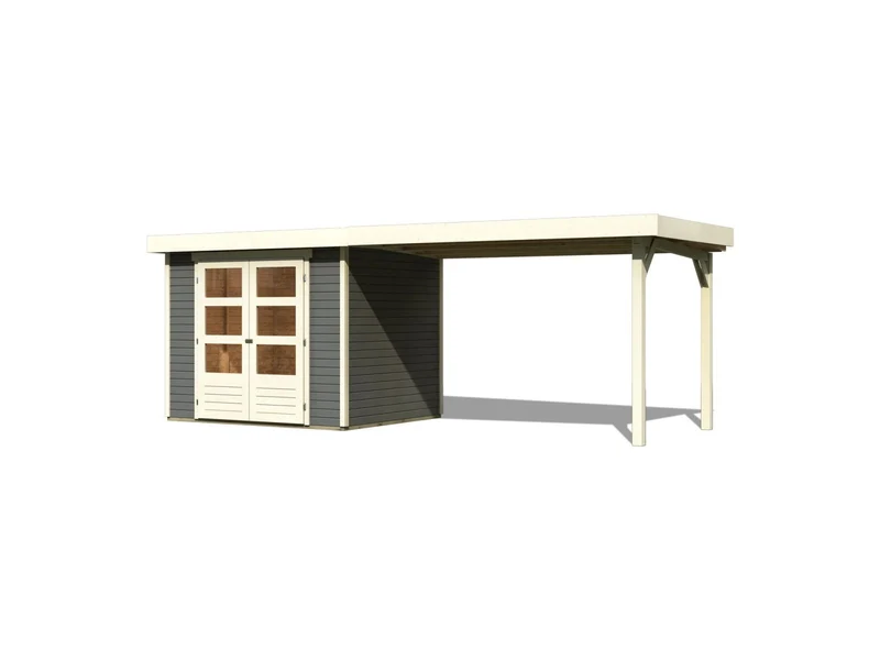Karibu Gartenhaus Askola 3 in terragrau mit Anbaudach 2,80 Meter