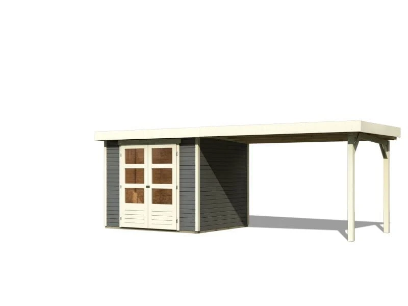 Karibu Gartenhaus Askola 3 in terragrau mit Anbaudach 2,80 Meter